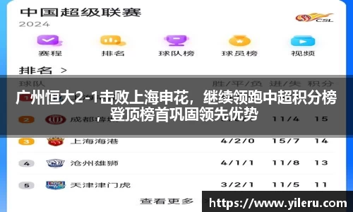 广州恒大2-1击败上海申花，继续领跑中超积分榜，登顶榜首巩固领先优势